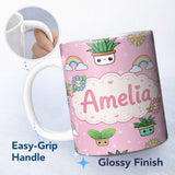 Personalized Custom Name Cute Kawaii Tropical Plants Rainbow Sun Blush Pink Background 11oz Ceramic Coffee Tea Mug White Large Handle