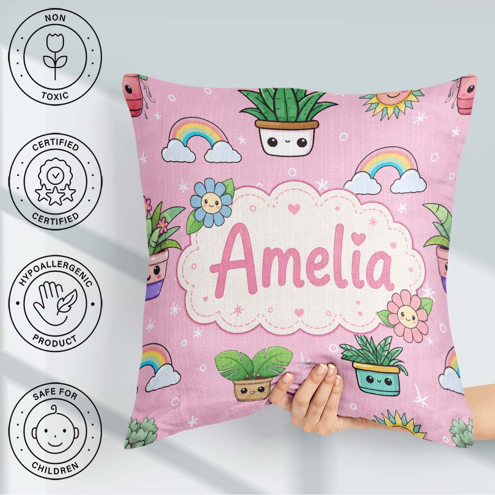 Custom Name Cute Kawaii Plants Rainbow Sun Blush Pink Background Square Filled Cushion Throw Pillow Sofa Bed Home Decor Zip Washable UK Made