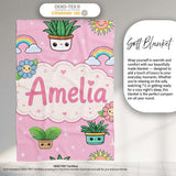 Cute Kawaii Tropical Plants Rainbow Sun Blush Pink Background  Personalised Custom Name Super Soft Fleece Blanket Bed Sofa Throw