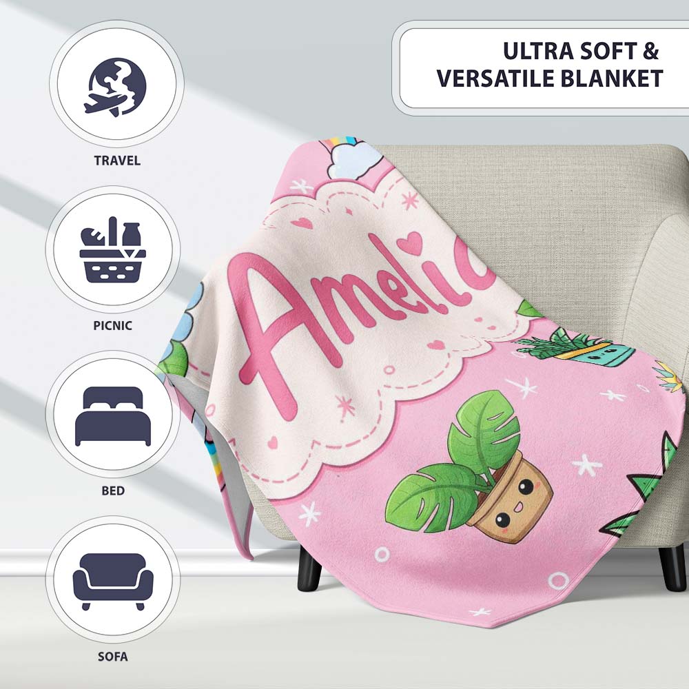 Cute Kawaii Tropical Plants Rainbow Sun Blush Pink Background  Personalised Custom Name Super Soft Fleece Blanket Bed Sofa Throw