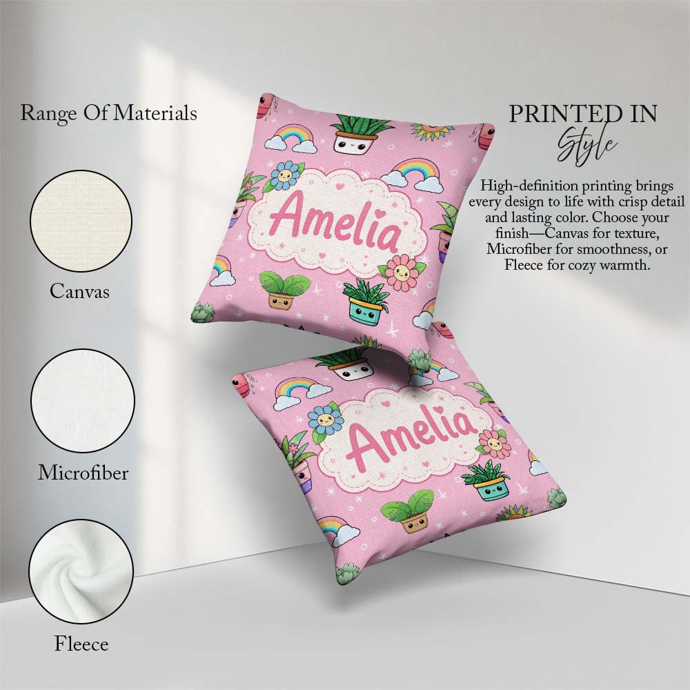 Custom Name Cute Kawaii Plants Rainbow Sun Blush Pink Background Square Filled Cushion Throw Pillow Sofa Bed Home Decor Zip Washable UK Made