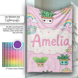 Cute Kawaii Tropical Plants Rainbow Sun Blush Pink Background  Personalised Custom Name Super Soft Fleece Blanket Bed Sofa Throw