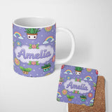 Personalized Custom Name Cute Kawaii Tropical Plants Rainbow Sun Purple Background Seamless 11oz Ceramic Coffee Tea Mug White Large Handle