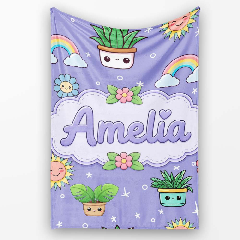 Cute Kawaii Tropical Plants Rainbow Sun Purple Background Seamless  Personalised Custom Name Super Soft Fleece Blanket Bed Sofa Throw