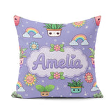 Custom Name Kawaii Tropical Plants Rainbow Sun Purple Background Square Filled Cushion Throw Pillow Sofa Bed Home Decor Zip Washable UK Made
