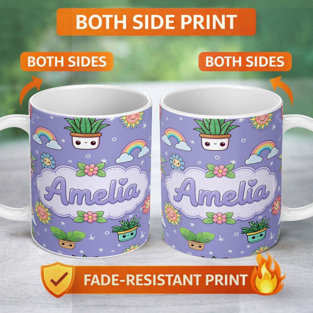 Personalized Custom Name Cute Kawaii Tropical Plants Rainbow Sun Purple Background Seamless 11oz Ceramic Coffee Tea Mug White Large Handle