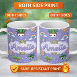 Personalized Custom Name Cute Kawaii Tropical Plants Rainbow Sun Purple Background Seamless 11oz Ceramic Coffee Tea Mug White Large Handle