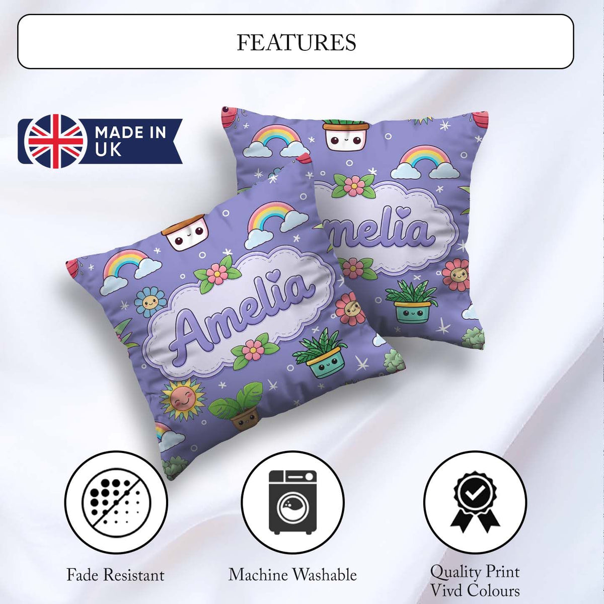 Custom Name Kawaii Tropical Plants Rainbow Sun Purple Background Square Filled Cushion Throw Pillow Sofa Bed Home Decor Zip Washable UK Made