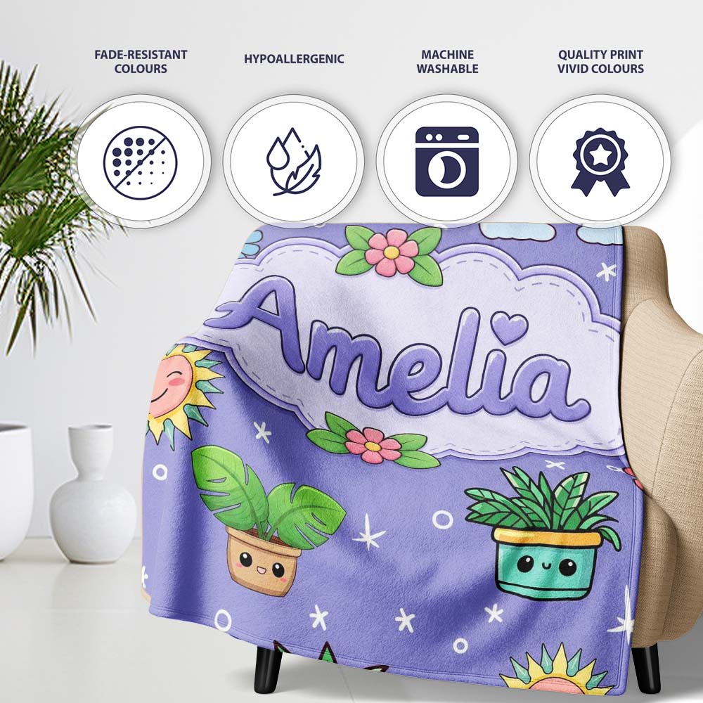 Cute Kawaii Tropical Plants Rainbow Sun Purple Background Seamless  Personalised Custom Name Super Soft Fleece Blanket Bed Sofa Throw