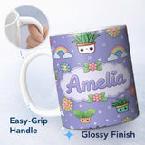 Personalized Custom Name Cute Kawaii Tropical Plants Rainbow Sun Purple Background Seamless 11oz Ceramic Coffee Tea Mug White Large Handle