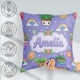 Custom Name Kawaii Tropical Plants Rainbow Sun Purple Background Square Filled Cushion Throw Pillow Sofa Bed Home Decor Zip Washable UK Made