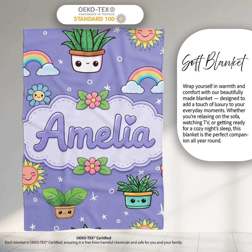 Cute Kawaii Tropical Plants Rainbow Sun Purple Background Seamless  Personalised Custom Name Super Soft Fleece Blanket Bed Sofa Throw