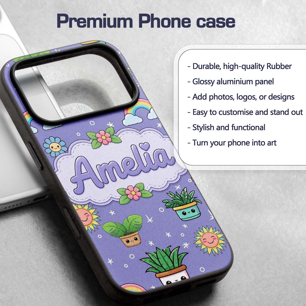 Cute Kawaii Tropical Plants Rainbow Sun Purple Custom Name Protective Phone Case Mobile Cover Durable Everyday Smartphone Shock Resistant
