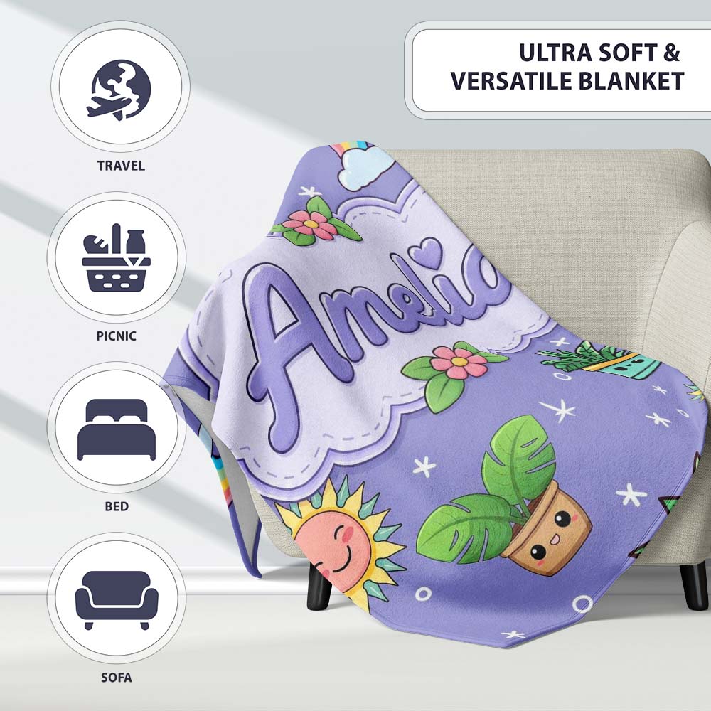 Cute Kawaii Tropical Plants Rainbow Sun Purple Background Seamless  Personalised Custom Name Super Soft Fleece Blanket Bed Sofa Throw