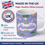 Personalized Custom Name Cute Kawaii Tropical Plants Rainbow Sun Purple Background Seamless 11oz Ceramic Coffee Tea Mug White Large Handle