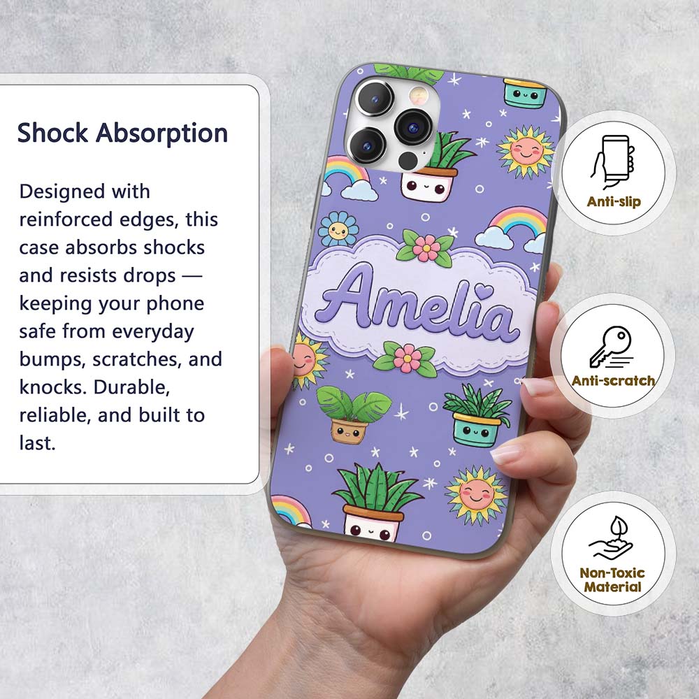 Cute Kawaii Tropical Plants Rainbow Sun Purple Custom Name Protective Phone Case Mobile Cover Durable Everyday Smartphone Shock Resistant