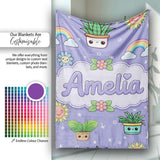 Cute Kawaii Tropical Plants Rainbow Sun Purple Background Seamless  Personalised Custom Name Super Soft Fleece Blanket Bed Sofa Throw