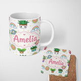Personalized Custom Name Cute Kawaii Tropical Plants Rainbow Sun Grey Background Seamless 11oz Ceramic Coffee Tea Mug White Large Handle
