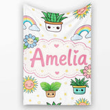 Cute Kawaii Tropical Plants Rainbow Sun Grey Background Seamless  Personalised Custom Name Super Soft Fleece Blanket Bed Sofa Throw