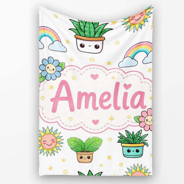 Cute Kawaii Tropical Plants Rainbow Sun Grey Background Seamless  Personalised Custom Name Super Soft Fleece Blanket Bed Sofa Throw