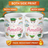 Personalized Custom Name Cute Kawaii Tropical Plants Rainbow Sun Grey Background Seamless 11oz Ceramic Coffee Tea Mug White Large Handle