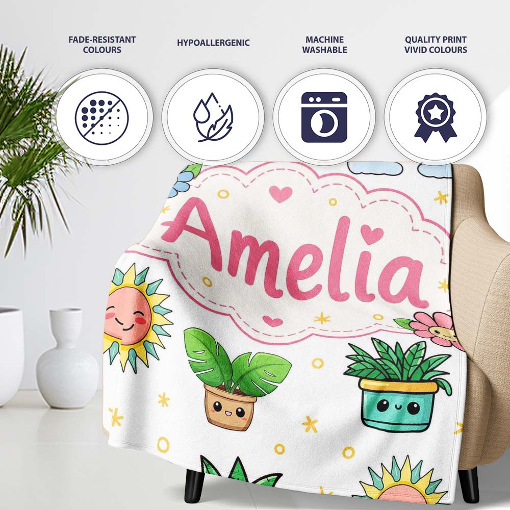 Cute Kawaii Tropical Plants Rainbow Sun Grey Background Seamless  Personalised Custom Name Super Soft Fleece Blanket Bed Sofa Throw
