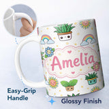 Personalized Custom Name Cute Kawaii Tropical Plants Rainbow Sun Grey Background Seamless 11oz Ceramic Coffee Tea Mug White Large Handle