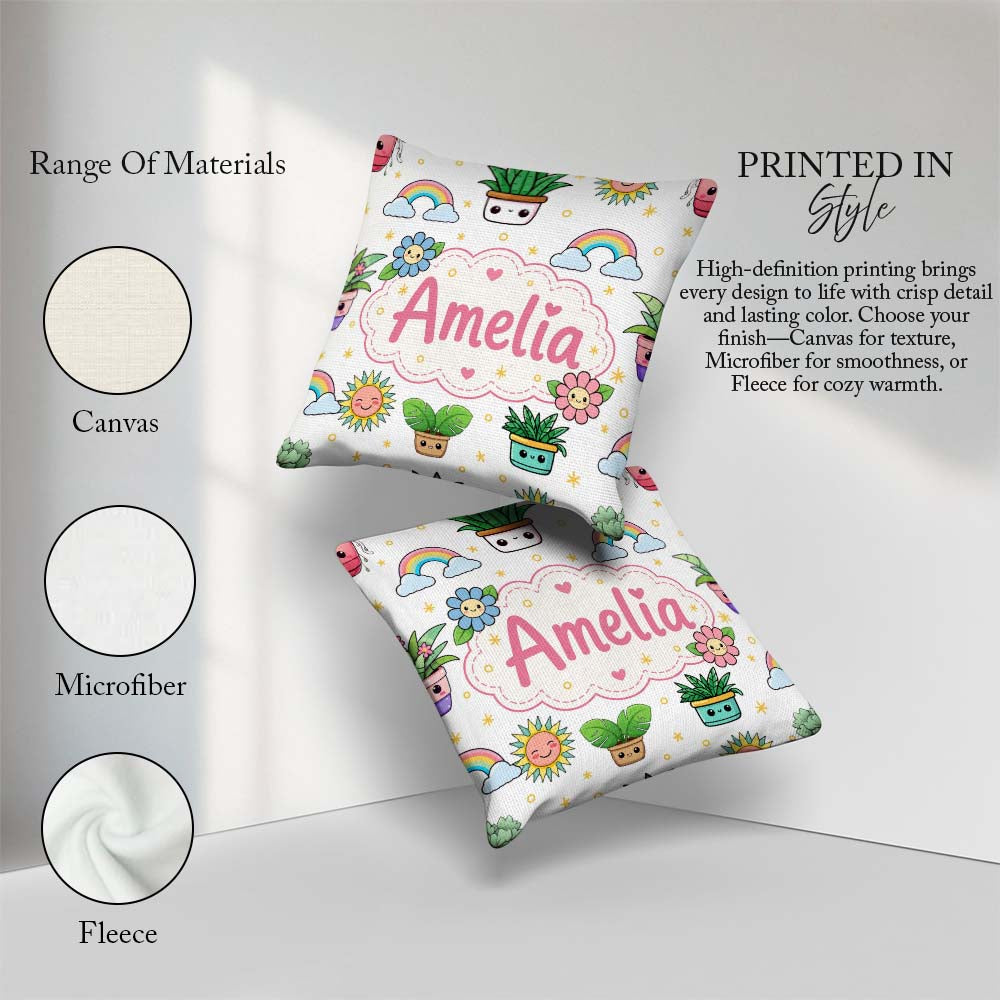 Custom Name Kawaii Tropical Rainbow Sun Grey Background Seamless Square Filled Cushion Throw Pillow Sofa Bed Home Decor Zip Washable UK Made