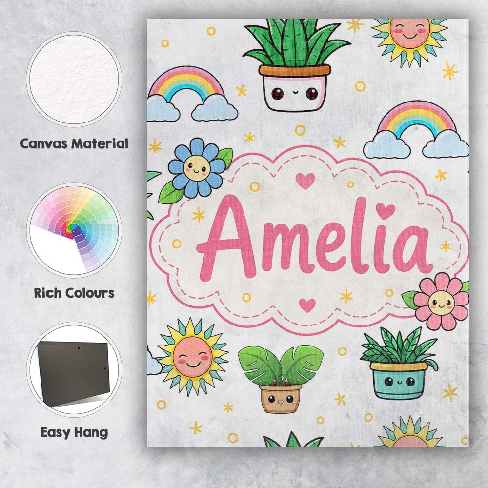 Personalised Name Cute Kawaii Tropical Custom  Modern Room Accent Elegant Feature Canvas Wall Art Print Decor Picture Ready to Hang