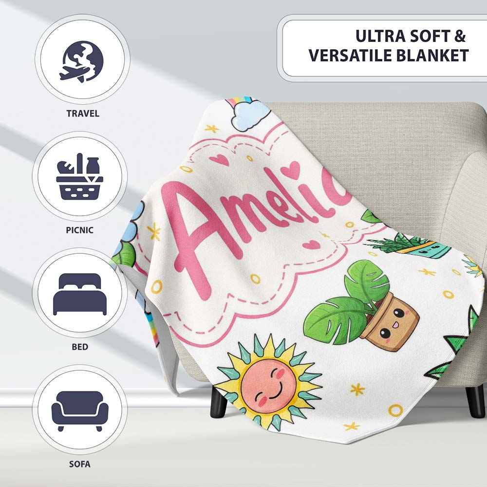 Cute Kawaii Tropical Plants Rainbow Sun Grey Background Seamless  Personalised Custom Name Super Soft Fleece Blanket Bed Sofa Throw