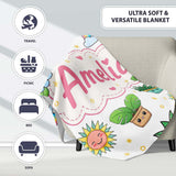 Cute Kawaii Tropical Plants Rainbow Sun Grey Background Seamless  Personalised Custom Name Super Soft Fleece Blanket Bed Sofa Throw