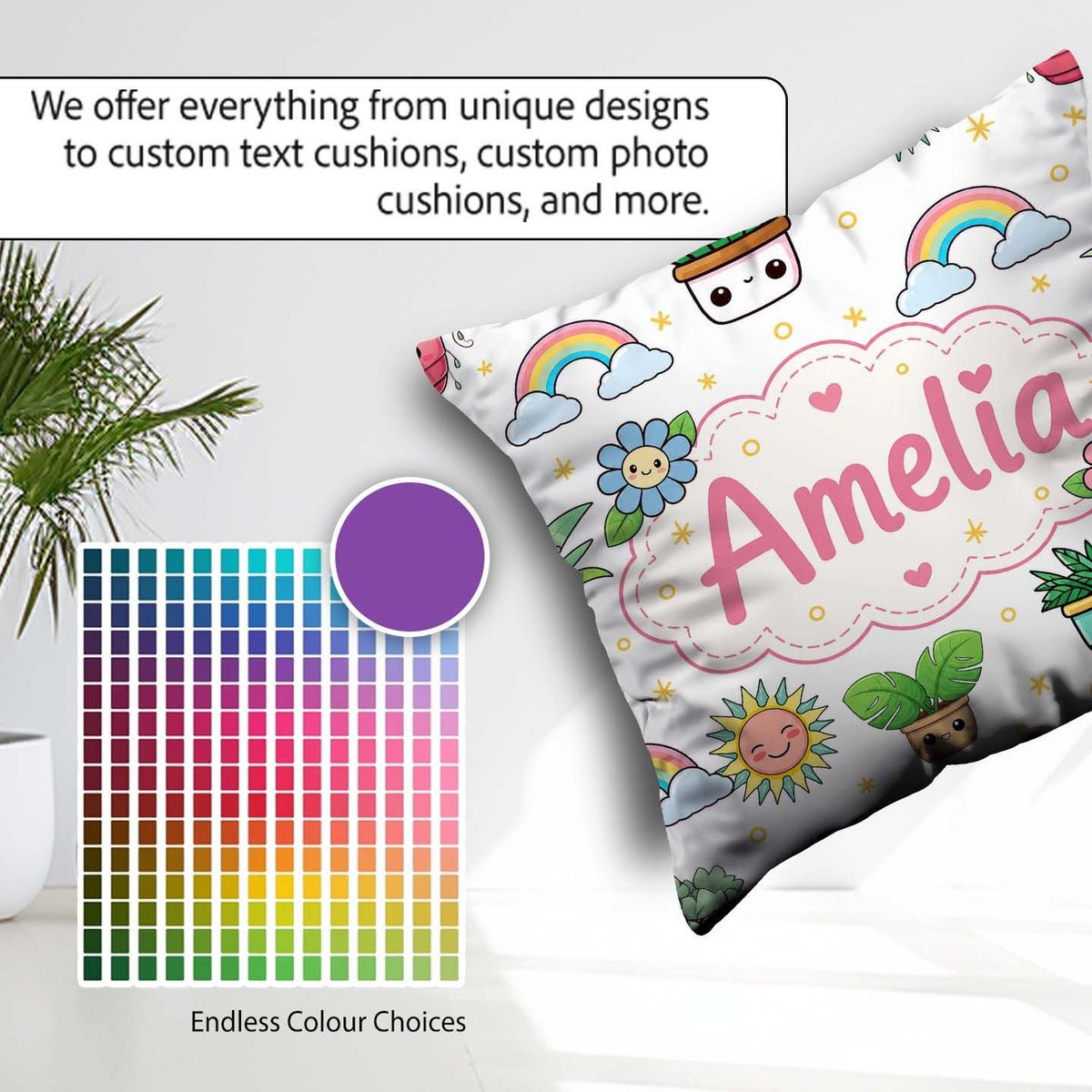 Custom Name Kawaii Tropical Rainbow Sun Grey Background Seamless Square Filled Cushion Throw Pillow Sofa Bed Home Decor Zip Washable UK Made