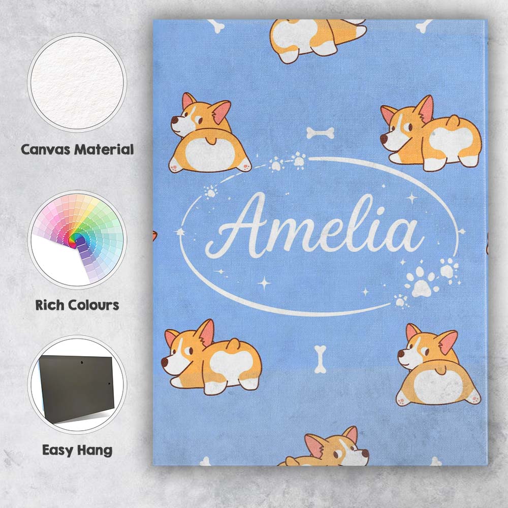 Personalised Name Cute Cartoon Corgi Dogs Bone Blue Background Custom Modern Room Accent Canvas Wall Art Print Decor Picture Ready to Hang