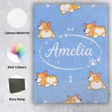 Personalised Name Cute Cartoon Corgi Dogs Bone Blue Background Custom Modern Room Accent Canvas Wall Art Print Decor Picture Ready to Hang