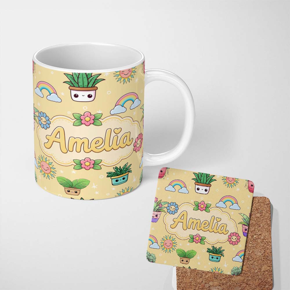 Personalized Custom Name Cute Kawaii Tropical Plants Rainbow Sun Soft Beige Background 11oz Ceramic Coffee Tea Mug White Large Handle