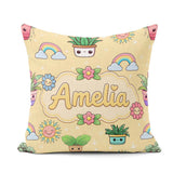 Custom Name Cute Kawaii Plants Rainbow Sun Soft Beige Background Square Filled Cushion Throw Pillow Sofa Bed Home Decor Zip Washable UK Made