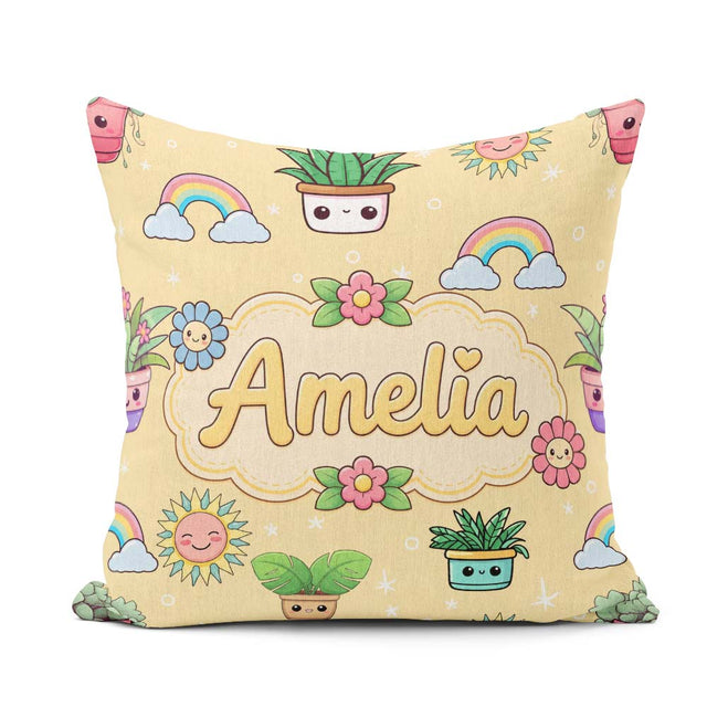 Custom Name Cute Kawaii Plants Rainbow Sun Soft Beige Background Square Filled Cushion Throw Pillow Sofa Bed Home Decor Zip Washable UK Made