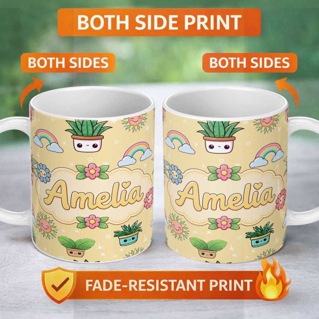 Personalized Custom Name Cute Kawaii Tropical Plants Rainbow Sun Soft Beige Background 11oz Ceramic Coffee Tea Mug White Large Handle