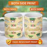 Personalized Custom Name Cute Kawaii Tropical Plants Rainbow Sun Soft Beige Background 11oz Ceramic Coffee Tea Mug White Large Handle