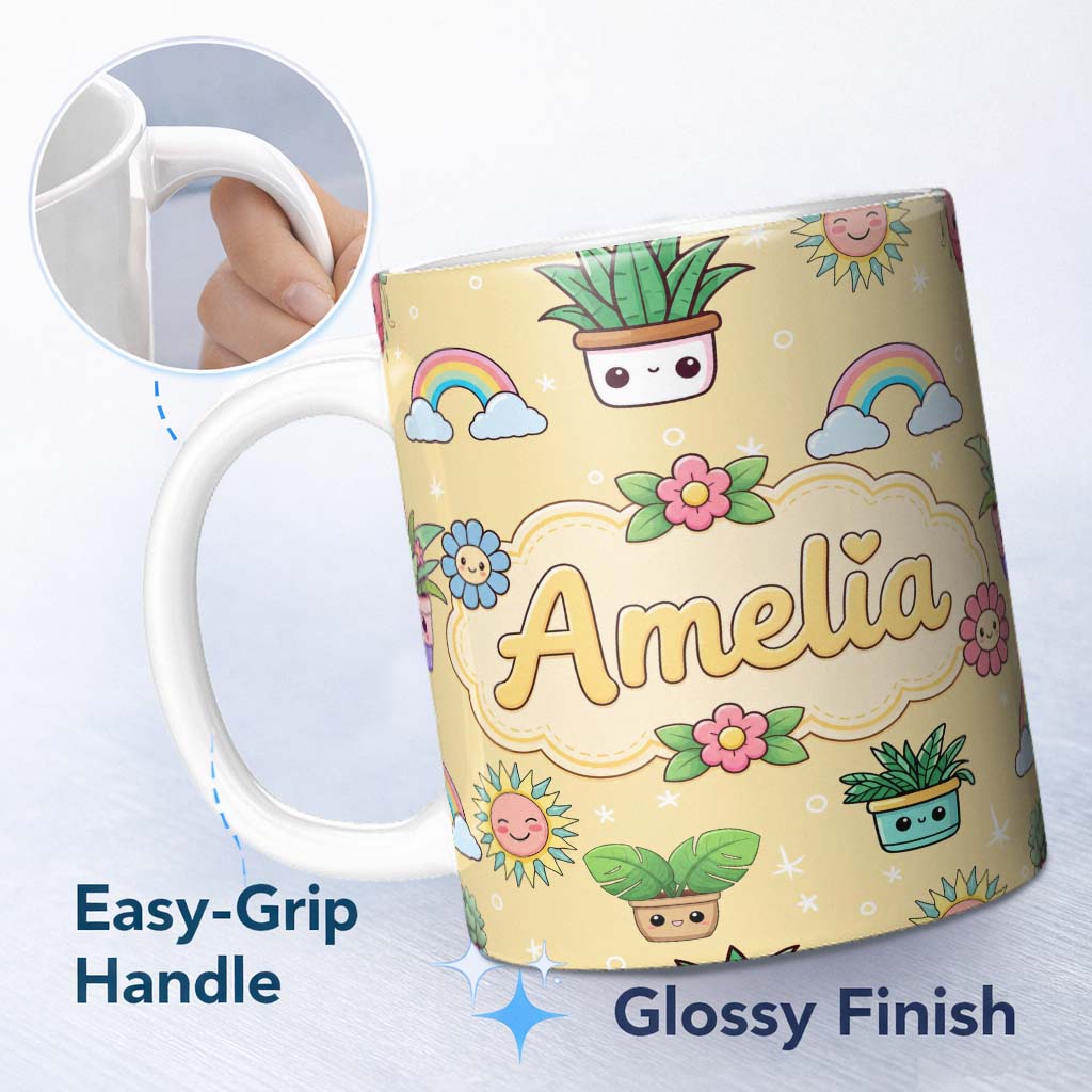 Personalized Custom Name Cute Kawaii Tropical Plants Rainbow Sun Soft Beige Background 11oz Ceramic Coffee Tea Mug White Large Handle