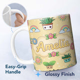 Personalized Custom Name Cute Kawaii Tropical Plants Rainbow Sun Soft Beige Background 11oz Ceramic Coffee Tea Mug White Large Handle