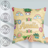 Custom Name Cute Kawaii Plants Rainbow Sun Soft Beige Background Square Filled Cushion Throw Pillow Sofa Bed Home Decor Zip Washable UK Made