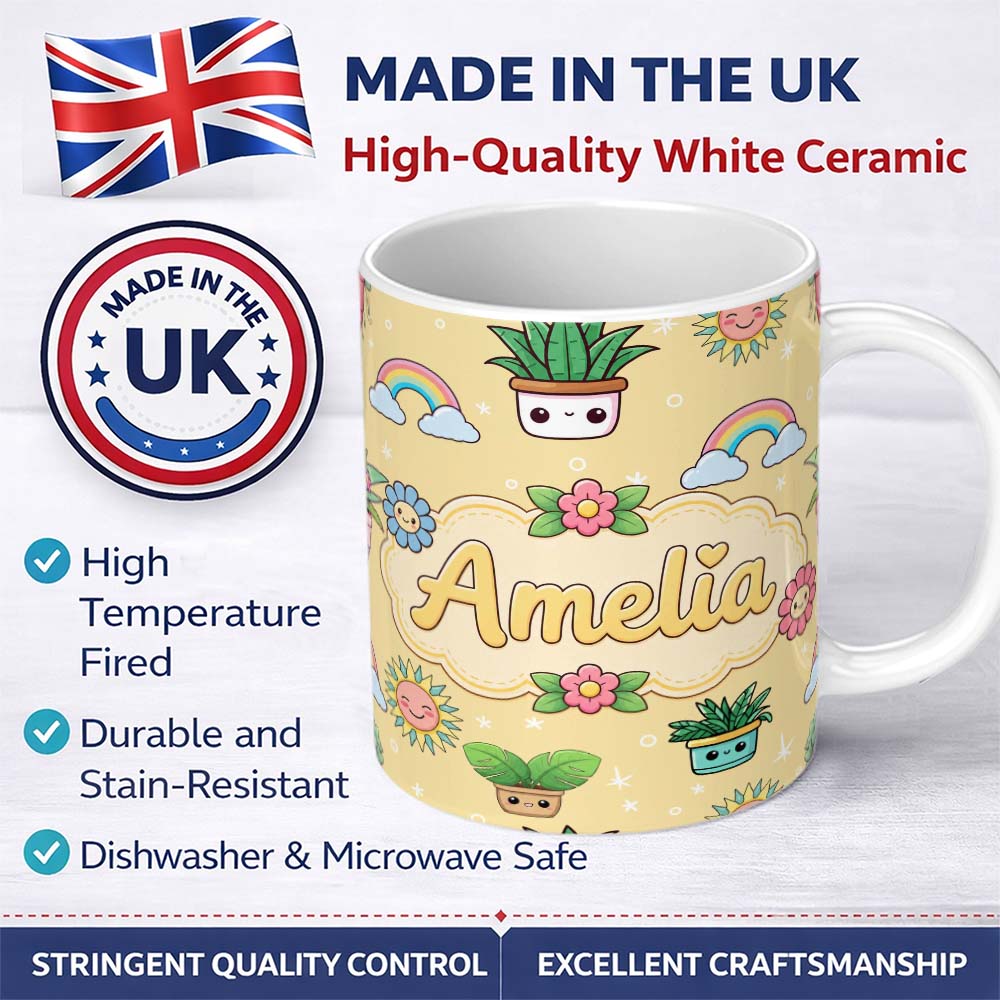Personalized Custom Name Cute Kawaii Tropical Plants Rainbow Sun Soft Beige Background 11oz Ceramic Coffee Tea Mug White Large Handle