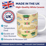 Personalized Custom Name Cute Kawaii Tropical Plants Rainbow Sun Soft Beige Background 11oz Ceramic Coffee Tea Mug White Large Handle