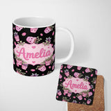 Personalized Custom Name Cute Kawaii Pink Plant Pots Strawberries Seamless Pattern Name 11oz Ceramic Coffee Tea Mug White Large Handle