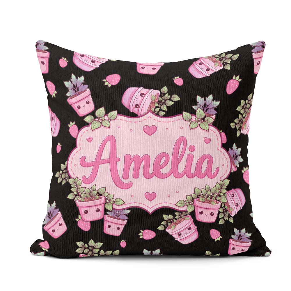 Custom Name Cute Kawaii Pink Plant Pots Seamless Pattern Name Square Filled Cushion Throw Pillow Sofa Bed Home Decor Zip Washable UK Made