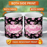 Personalized Custom Name Cute Kawaii Pink Plant Pots Strawberries Seamless Pattern Name 11oz Ceramic Coffee Tea Mug White Large Handle