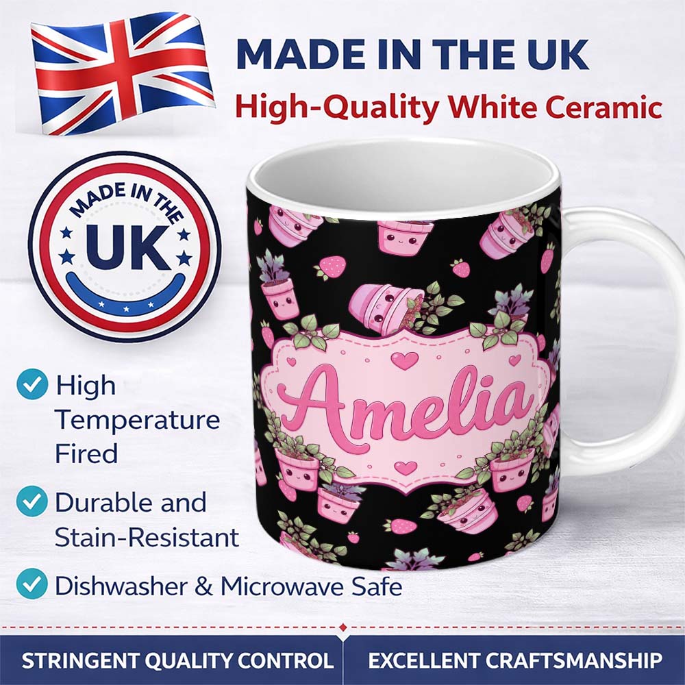 Personalized Custom Name Cute Kawaii Pink Plant Pots Strawberries Seamless Pattern Name 11oz Ceramic Coffee Tea Mug White Large Handle