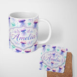 Personalized Custom Name Soft Watercolor Jellyfish in Pastel Purple and Aqua Seamless Marine 11oz Ceramic Coffee Tea Mug White Large Handle