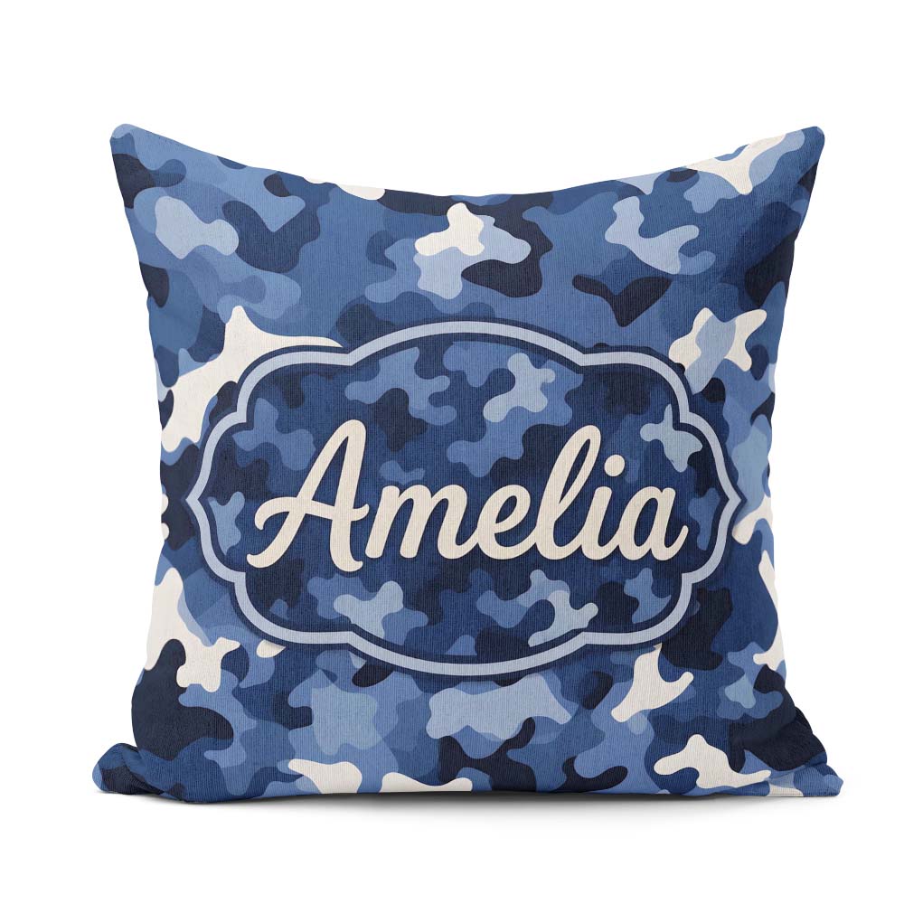 Custom Name Navy Blue Camouflage Layered Seamless Pattern Idea Square Filled Cushion Throw Pillow Sofa Bed Home Decor Zip Washable UK Made